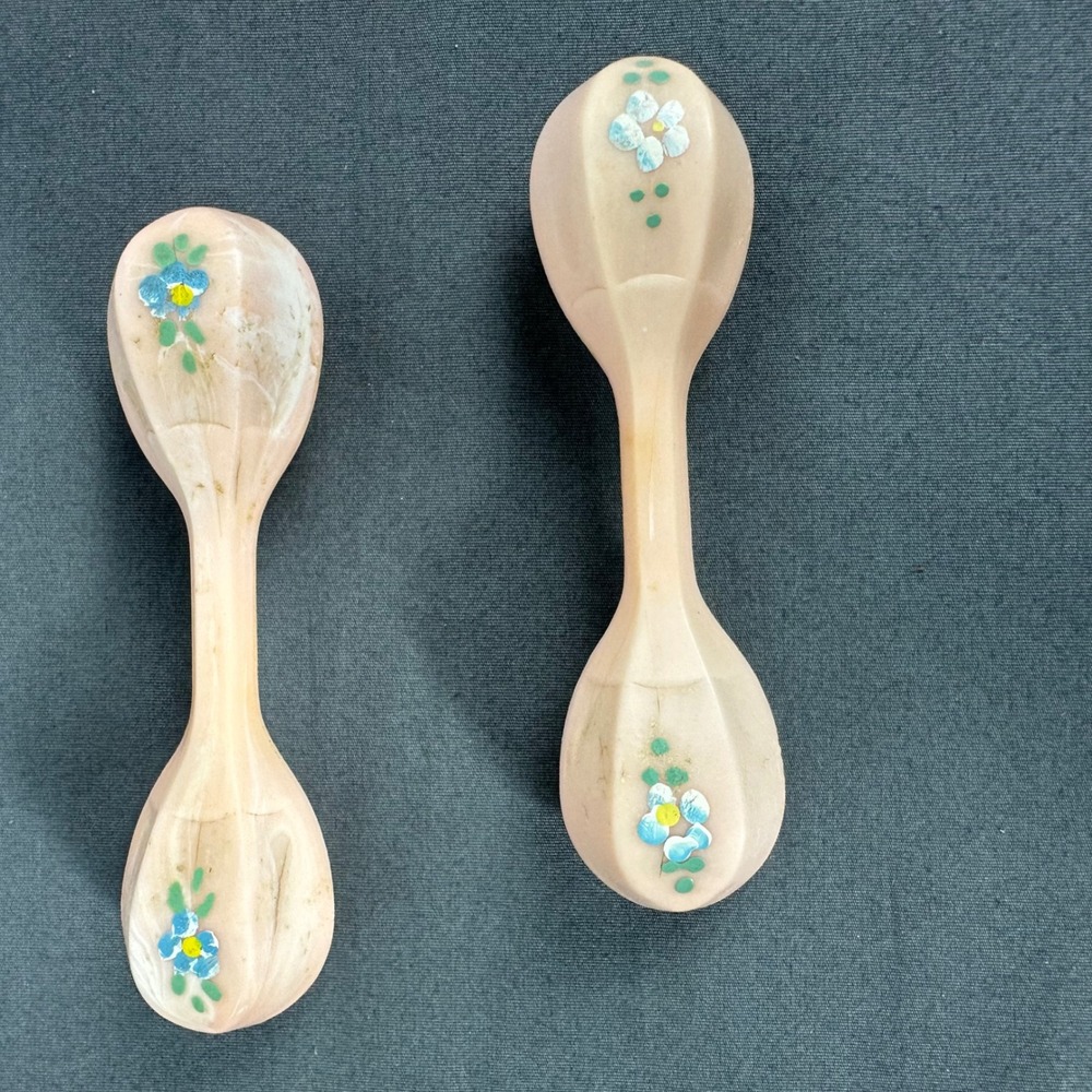 Vintage Pink Baby Rattles Hand Painted Floral Dumbbell Toy Lot of 2